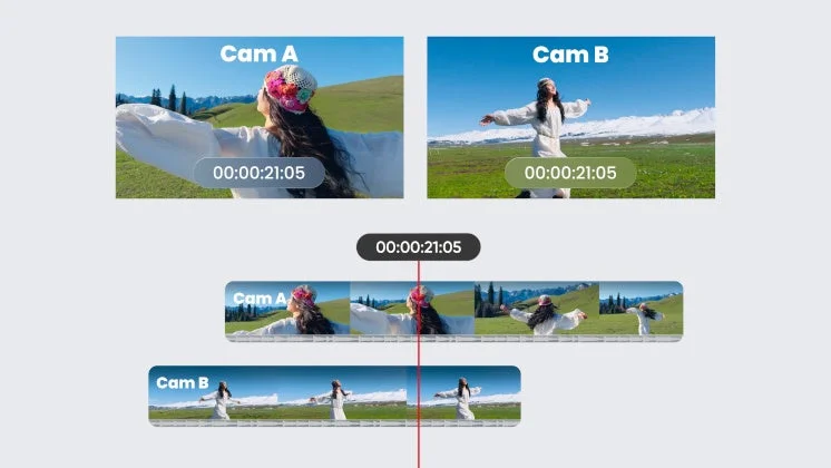 動画編集画面、複数カメラのタイムライン