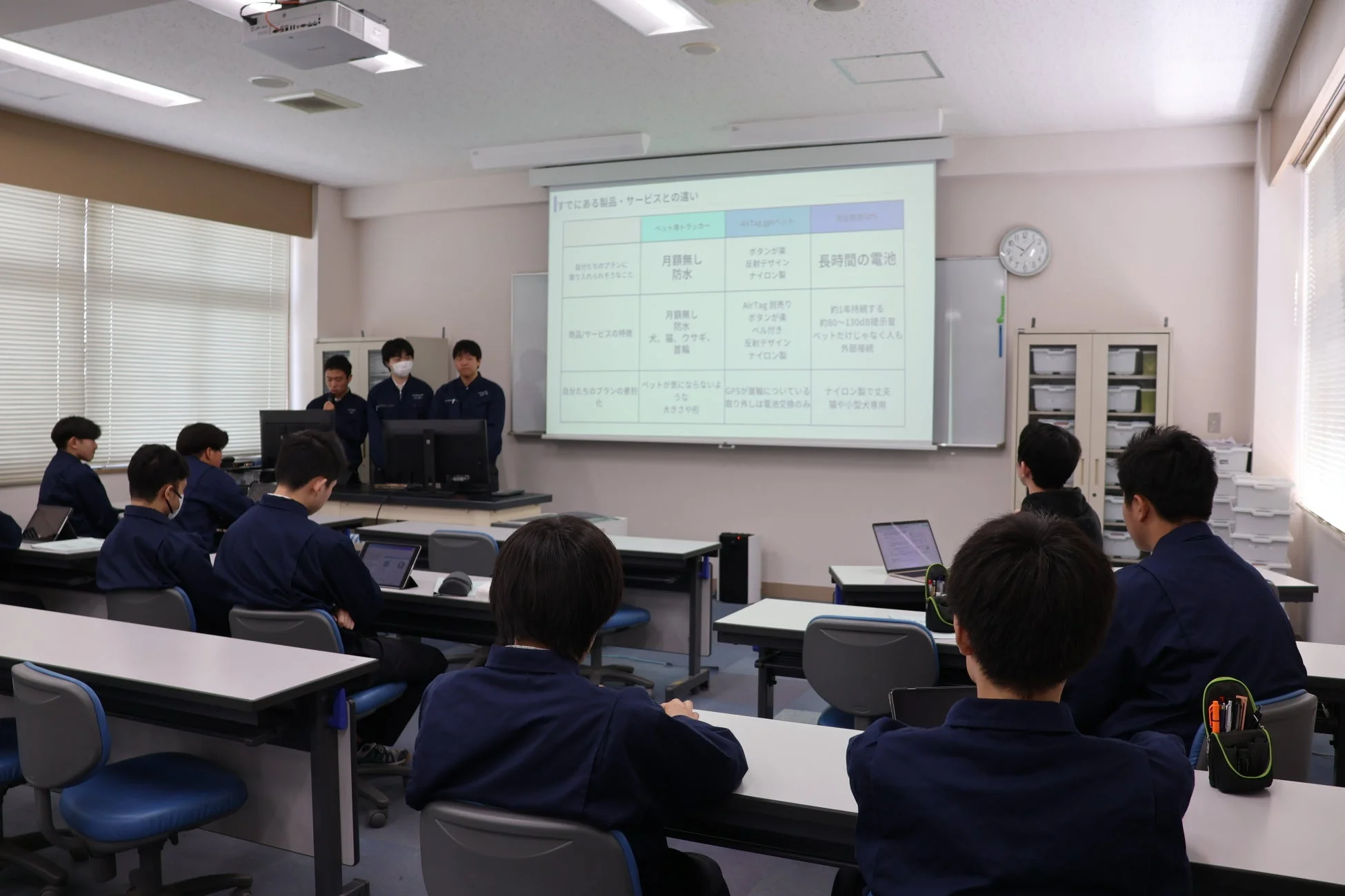 教室で学生たちがプレゼンテーションを行っている様子です。プロジェクターには「までに製品・サービスとの違い」と題されたスライドが表示されており、ペット用トラッカー、AirTag内蔵ペット、GPS内蔵ペットの比較が示されています。複数の学生が発表を聞いており、一部の学生はノートパソコンやタブレットを使用しています。