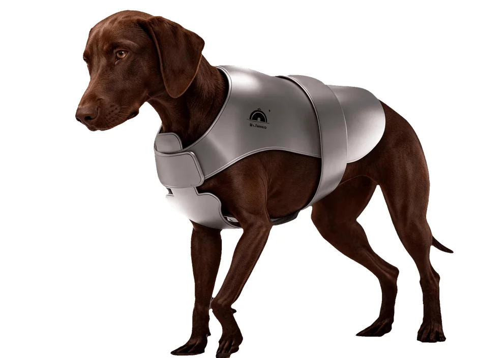 銀色の保護ベストを着用した茶色の犬