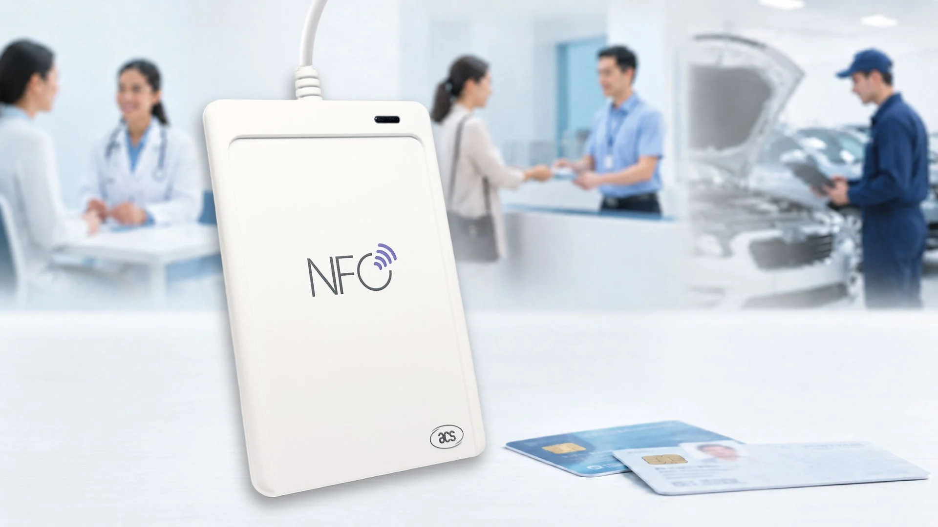 NFCカードリーダーが前景にあり、背景には医療機関、銀行、自動車整備工場といった様々な業界でのカード利用シーンがぼかして描かれています。非接触型決済や認証技術の多様な応用を示唆する画像です。