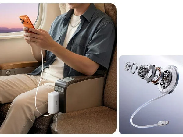 電車内でケーブルを使用しているイメージ