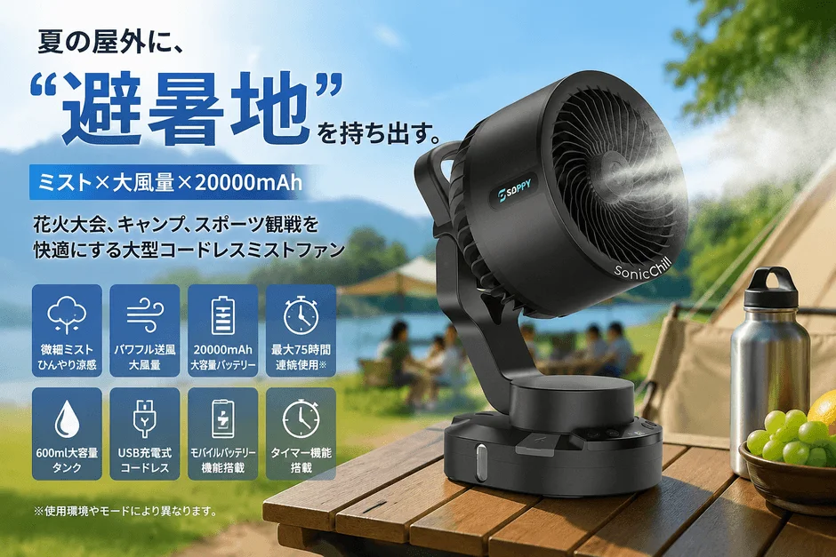 SOPPY SonicChill、ミスト×大風量×20000mAh