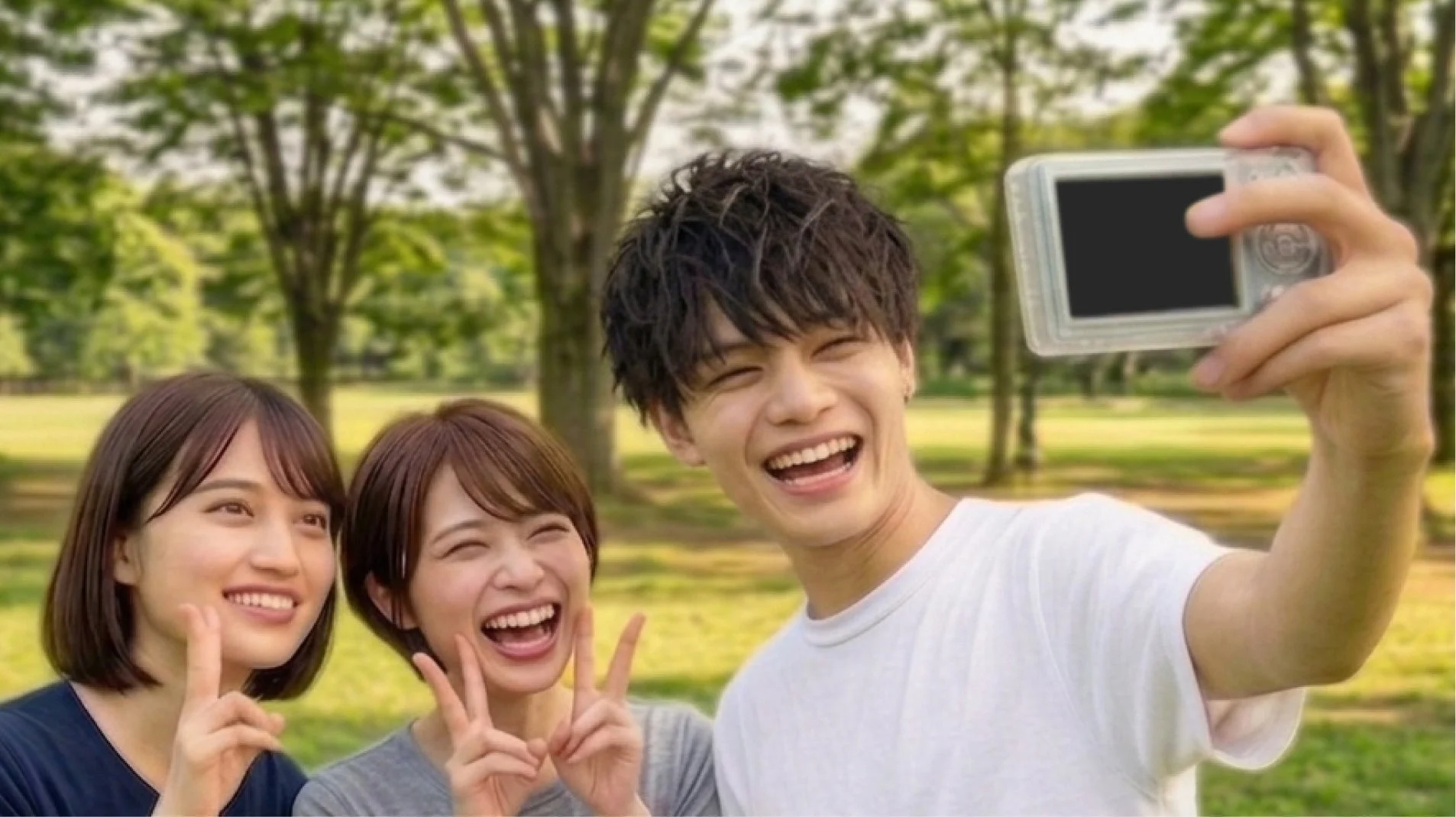 公園で自撮りを楽しむ若者たち