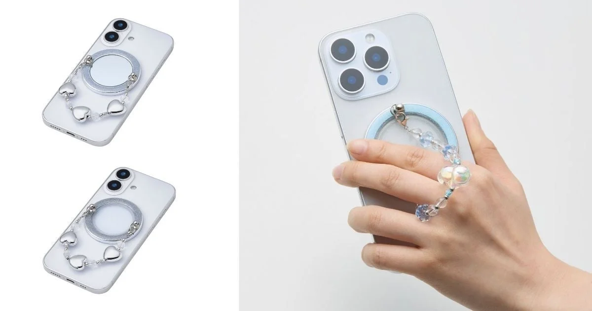スマートフォンに装着されたマグネット式のリングスタンドとストラップアクセサリー