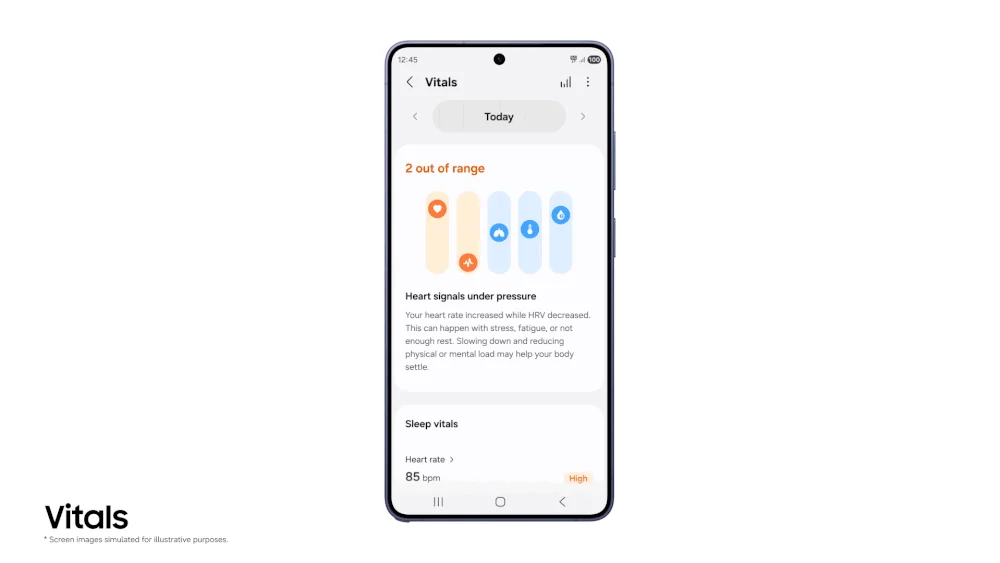 スマートフォンのVitalsアプリ画面で心拍数や睡眠のバイタルデータが表示されている様子